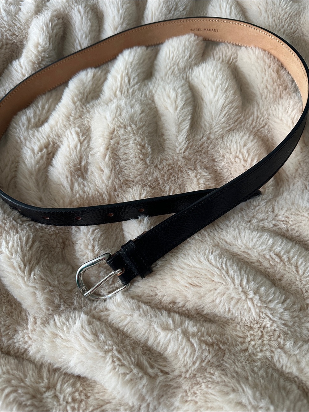 Isabel Marant Black Leather Belt with Silver Buckle and Tan Lining